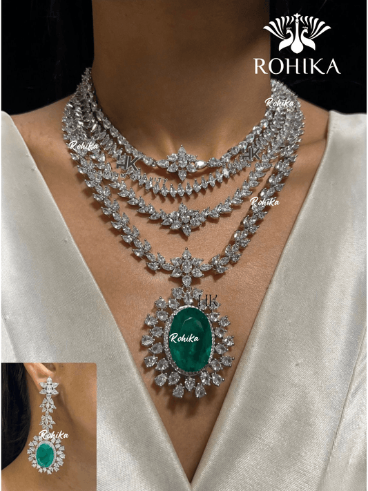 American diamond necklace set (ADN -010) - Mint green - Rohika Store