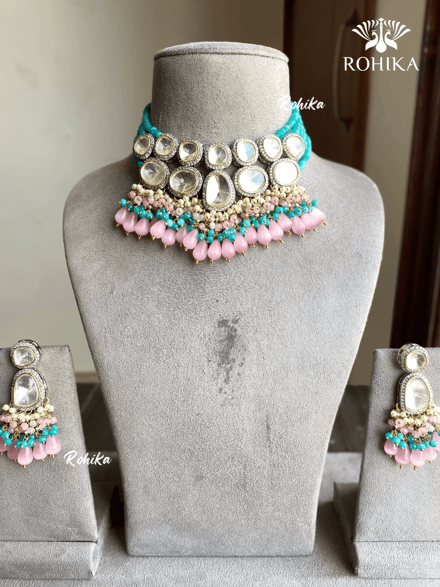 Laisha polki kundan necklace set - Blue and pink - Rohika Store