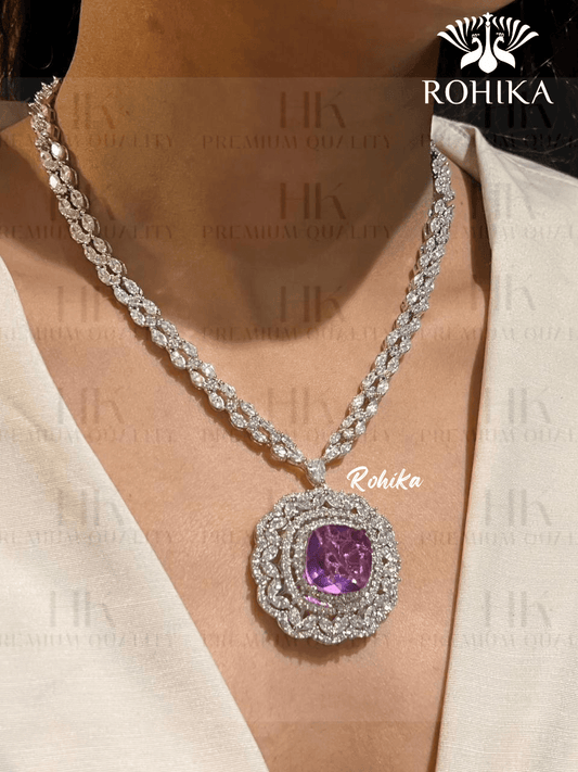 Sofiya american diamond necklace set - Purple - Rohika Store