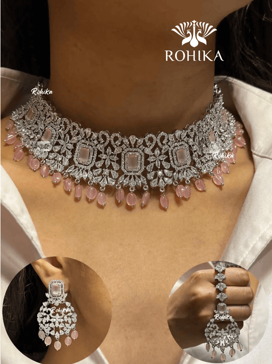 Ella american diamond choker set - Baby pink - Rohika Store