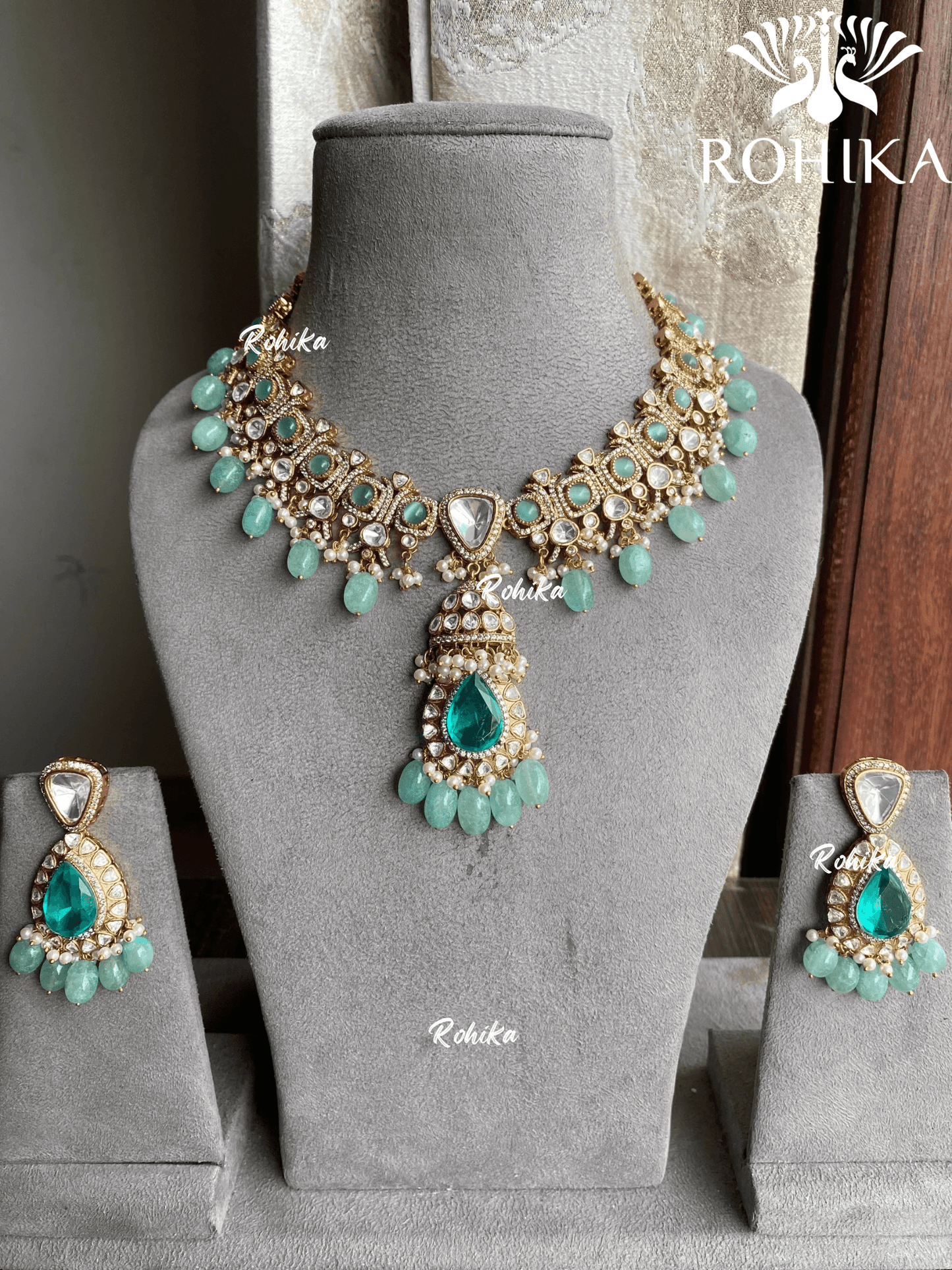 Ismi polki kundan necklace set - Mint green - Rohika Store