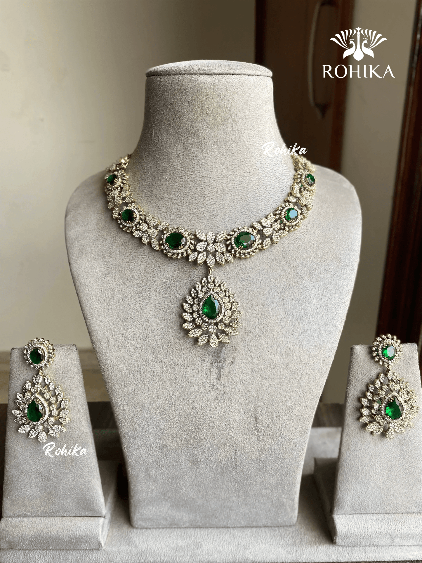 Jeeva AD necklace set - Dark Green - Rohika Store