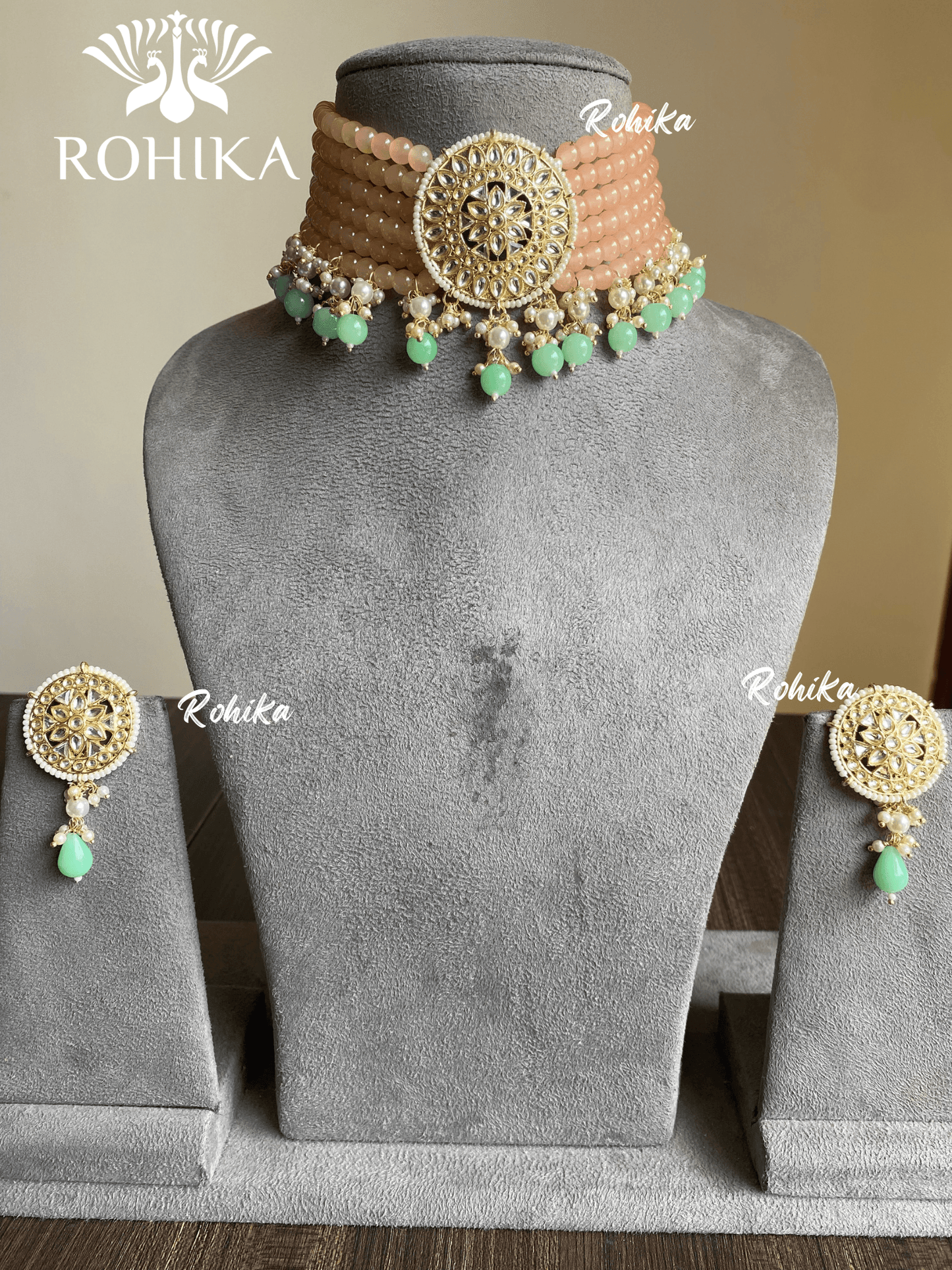 Alka choker set - Peach and Mint - Rohika Store