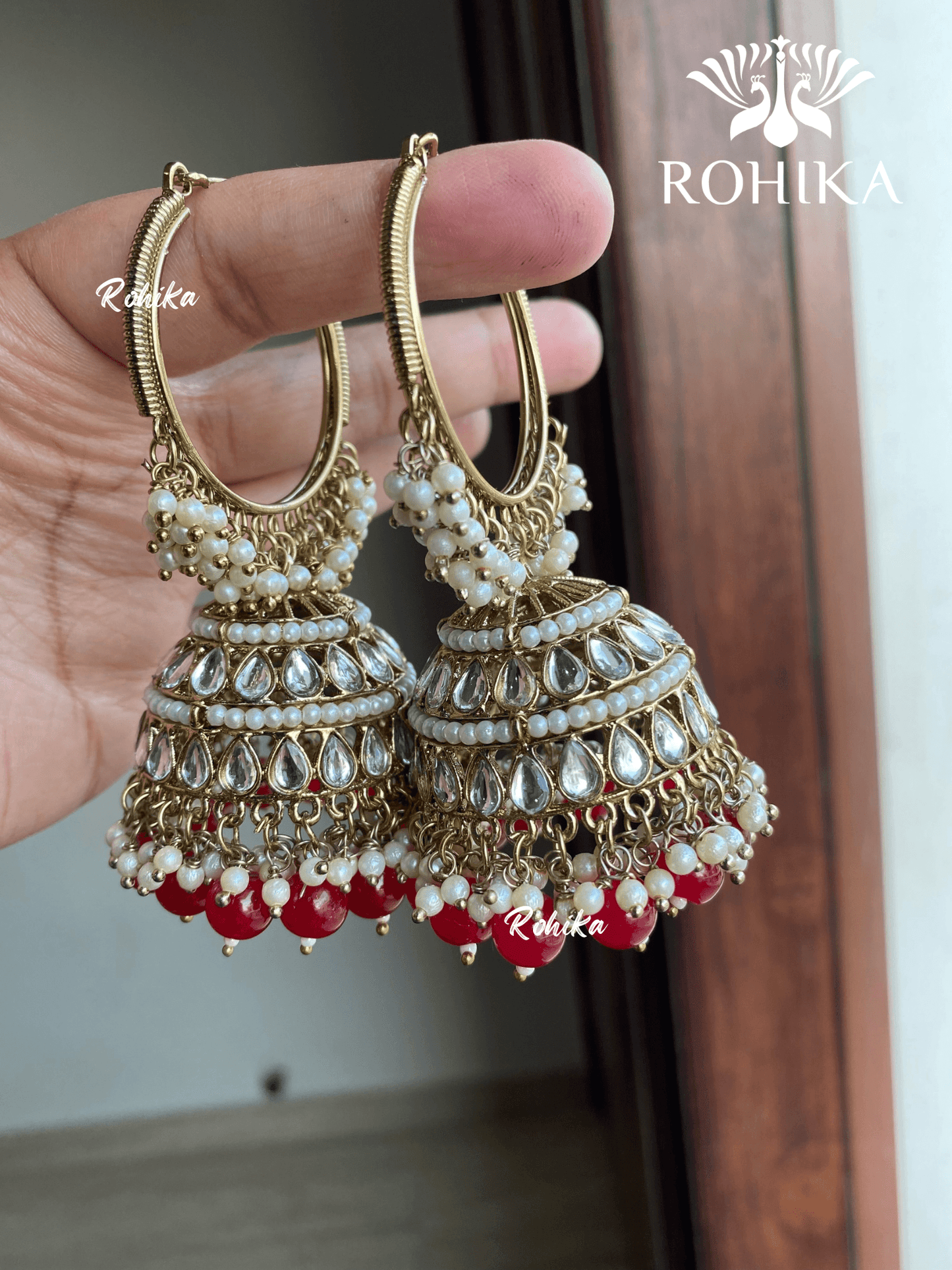 Aanchal jhumka bali earrings - Red - Rohika Store