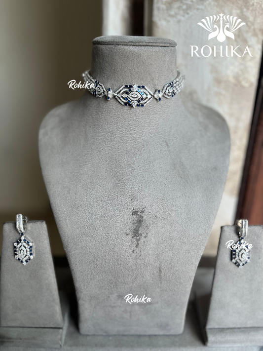 Serena American Diamond Necklace Set - Blue -Rohika store