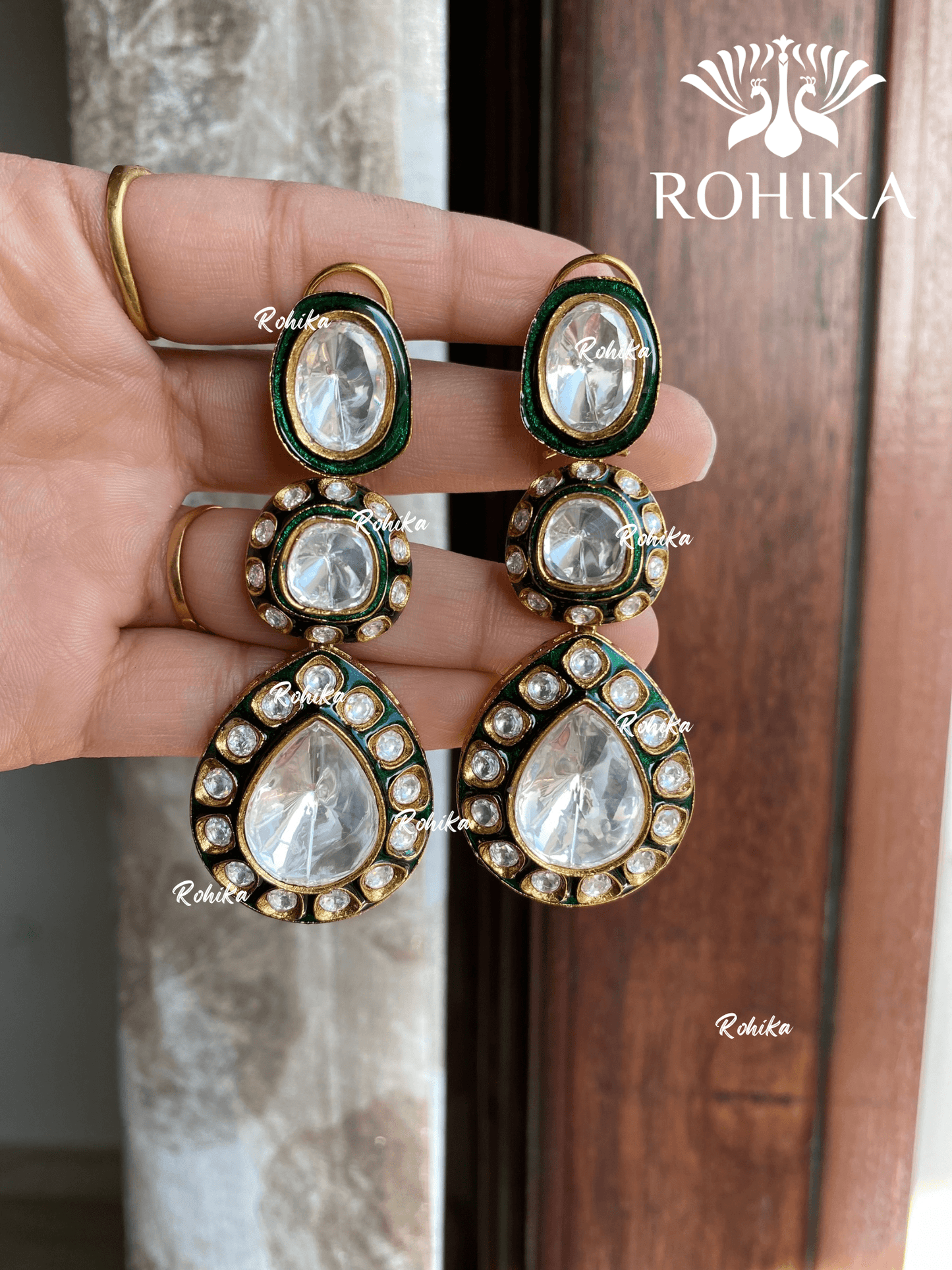 Dhara bikaneri kundan earrings - Green - Rohika Store