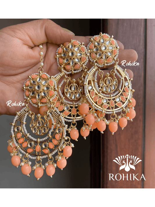 Karina earrings and maangtikka combo - Peach - Rohika Store