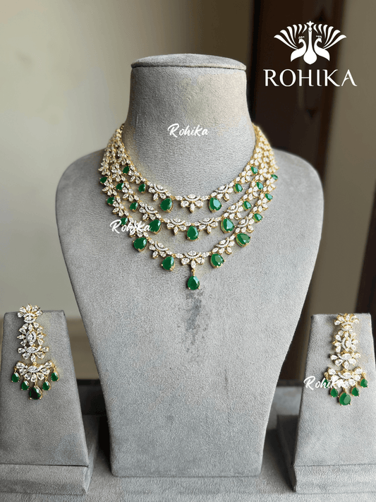 Aisha American diamond necklace set - Dark green - Rohika Store
