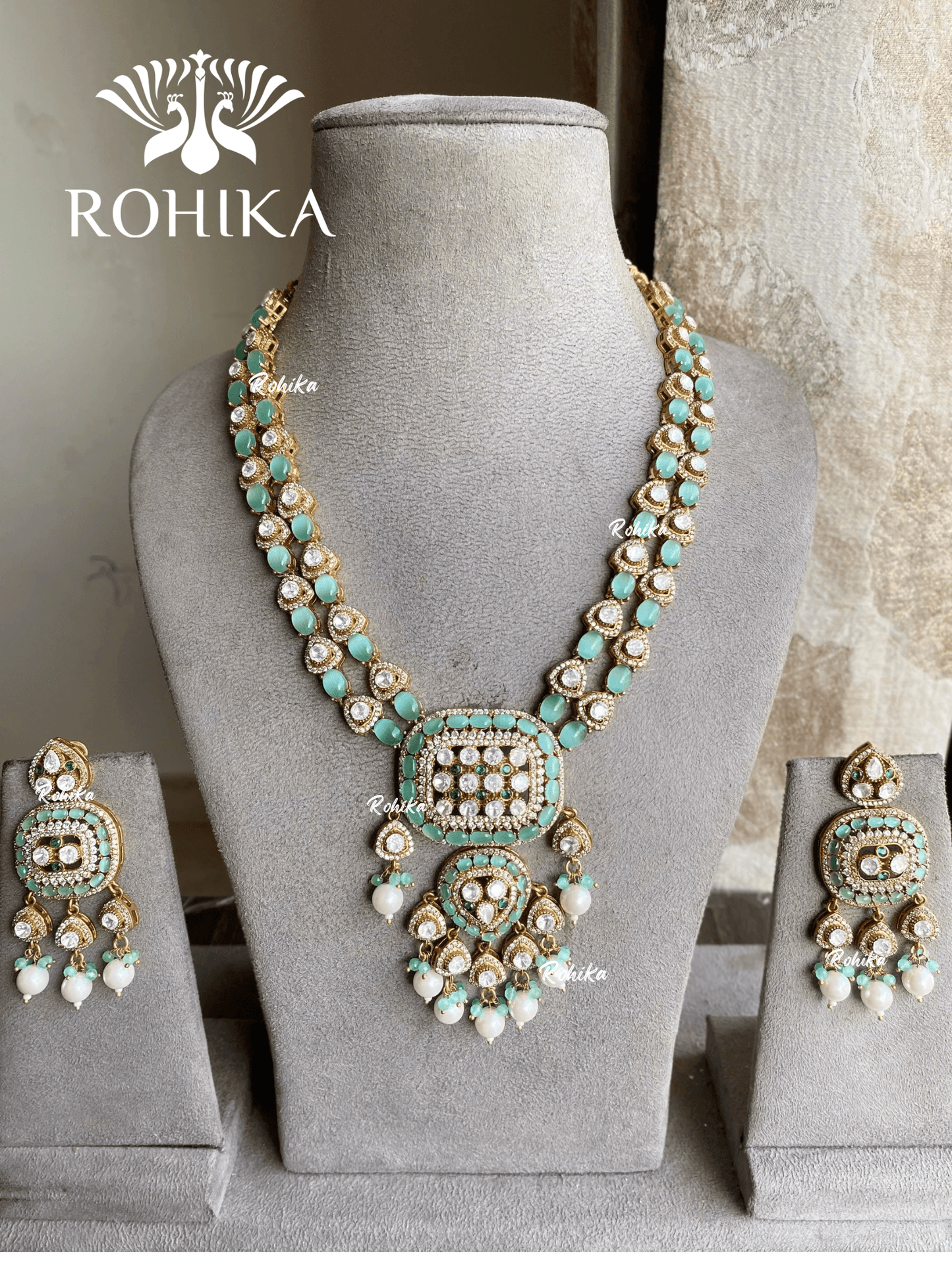 Pinaki polki kundan necklace set - Mint green - Rohika Store