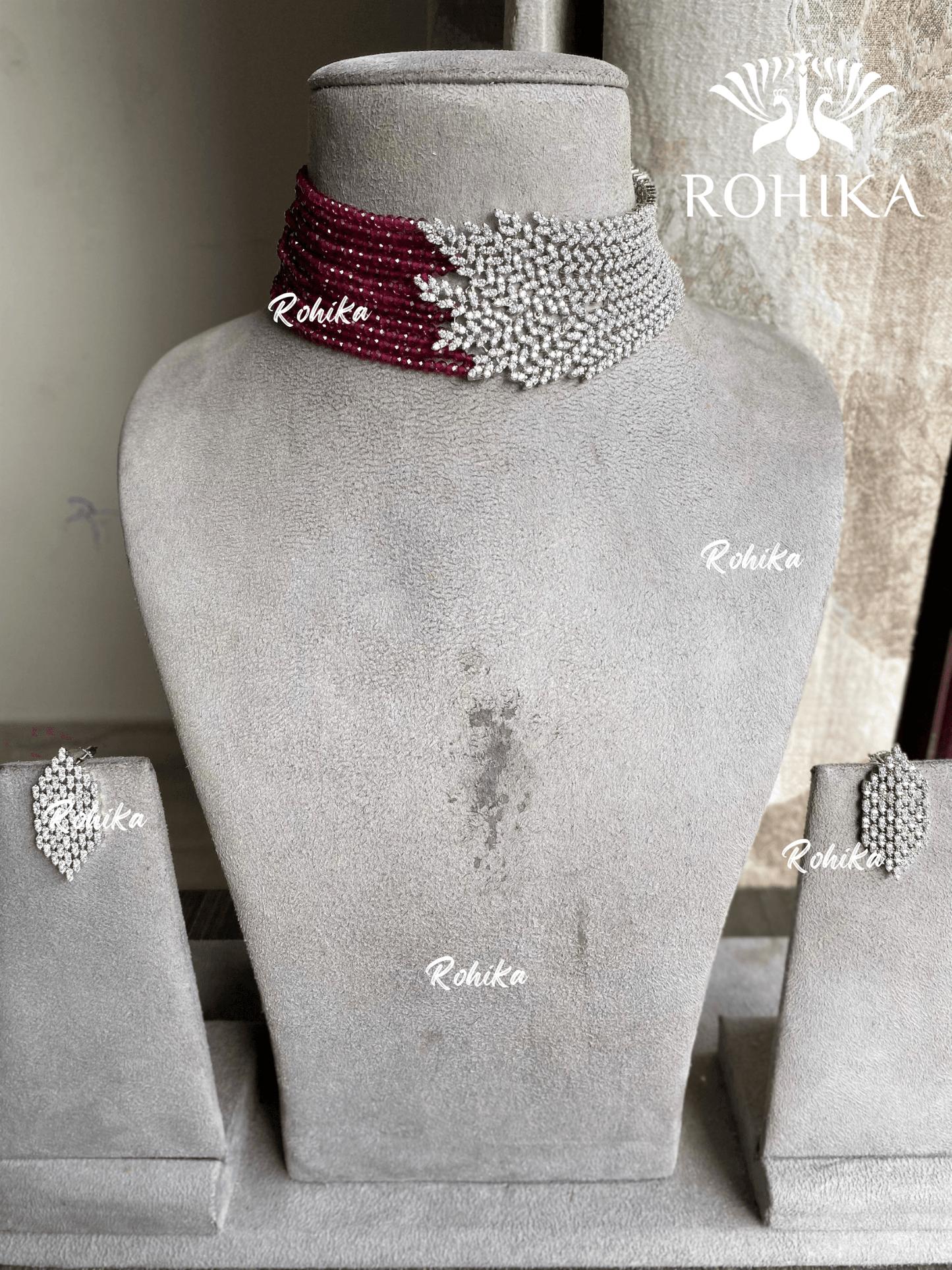 Suhasi american diamond choker set - Wine - Rohika Store