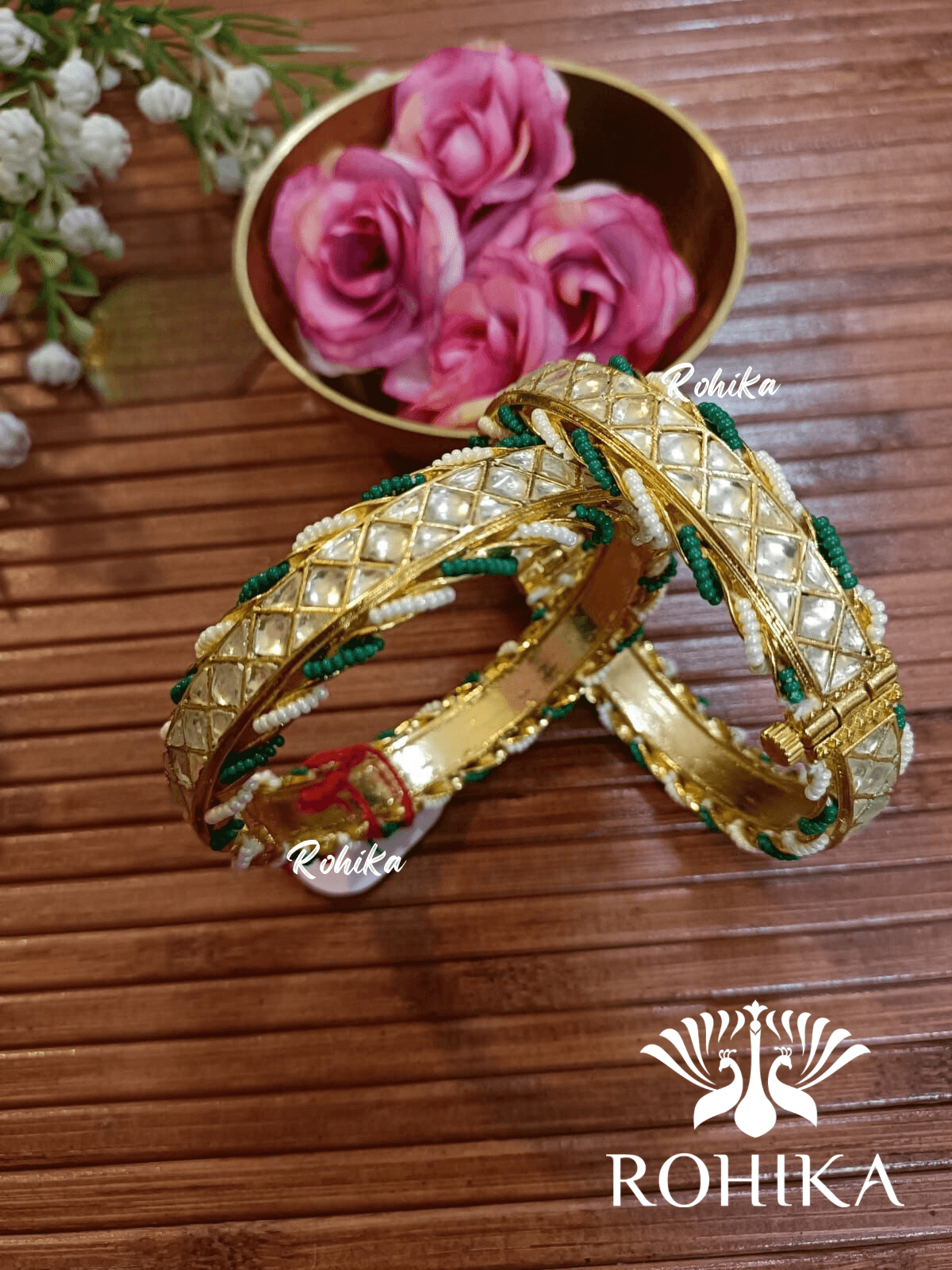 Pachhi kundan bangles - white and green (Pkb006-G) - Rohika Store