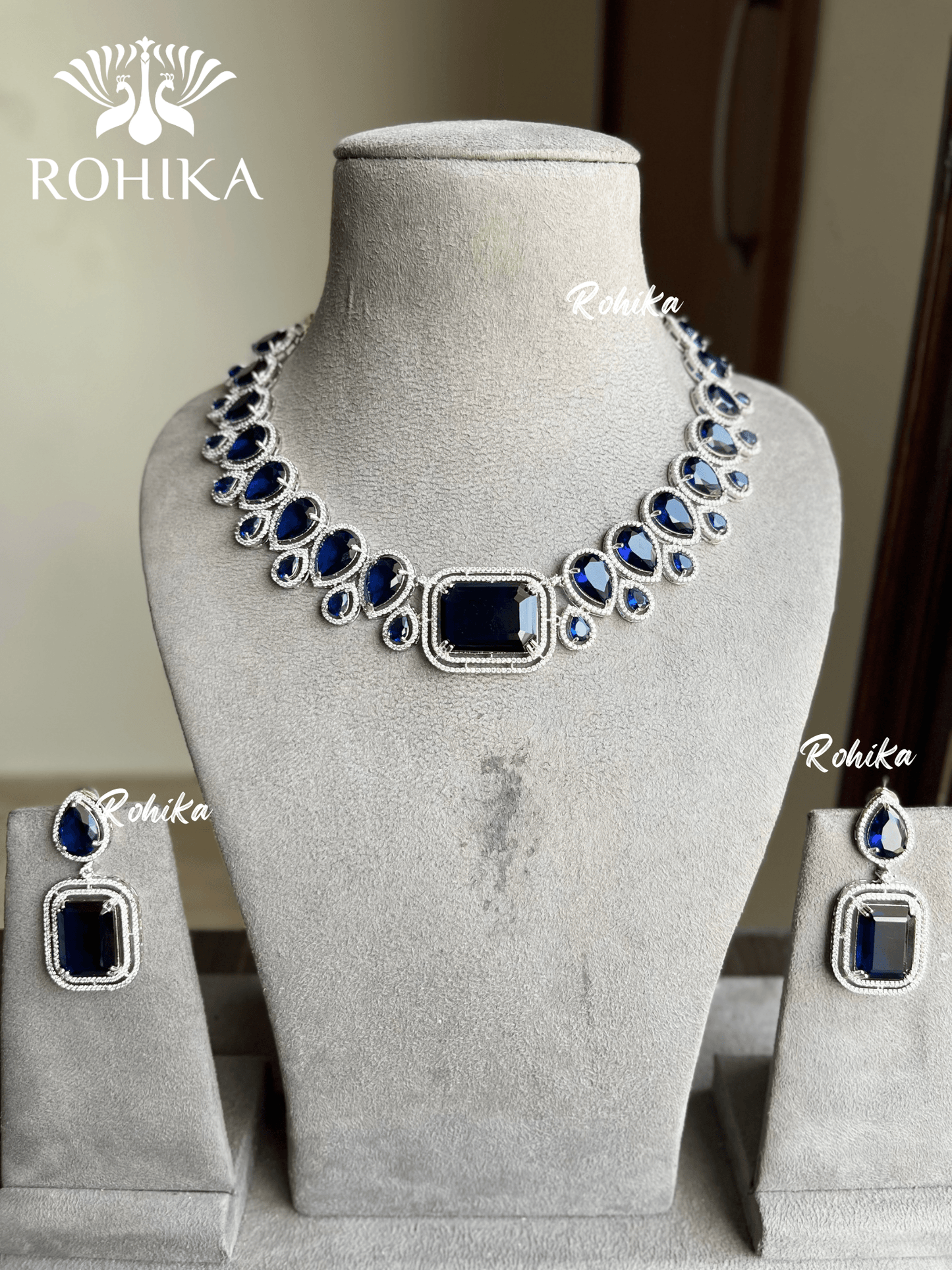 Hoor American diamond necklace set - Navy Blue - Rohika Store