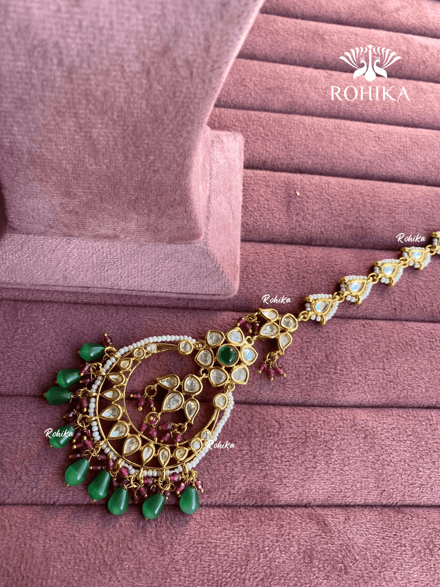 Polki kundan maangtikka (PLKM-040) - Green & pink - Rohika Store