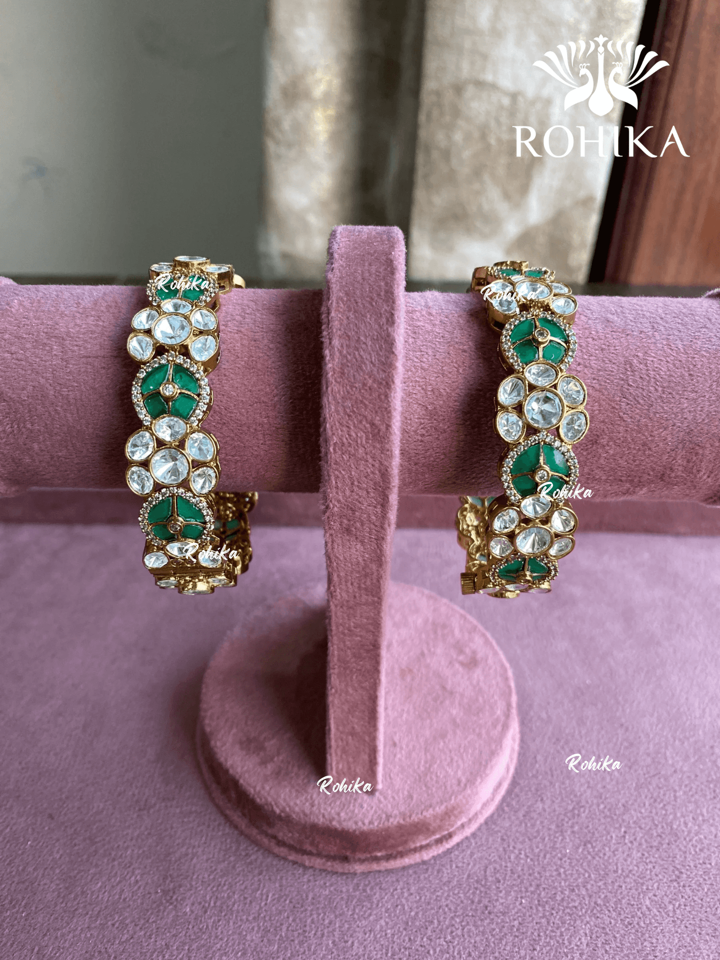 Karuna polki kundan kada/bangles - Green - Rohika Store