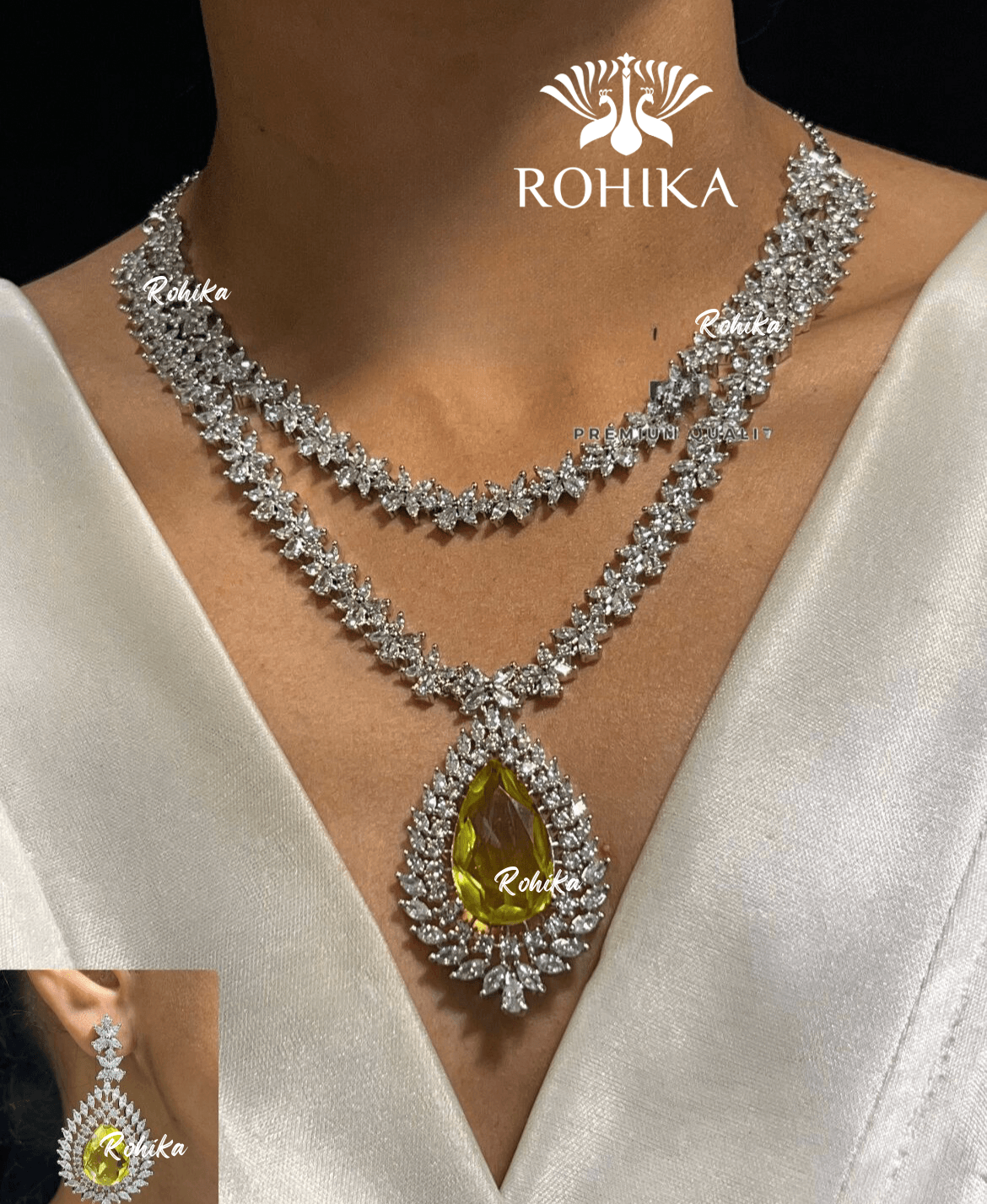 Leona american diamond necklace set - Yellow - Rohika Store