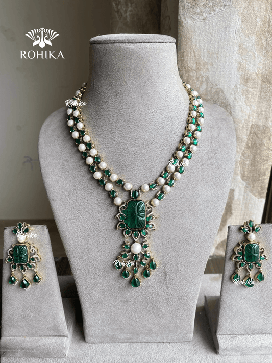 Veera designer necklace set - Dark green - Rohika Store