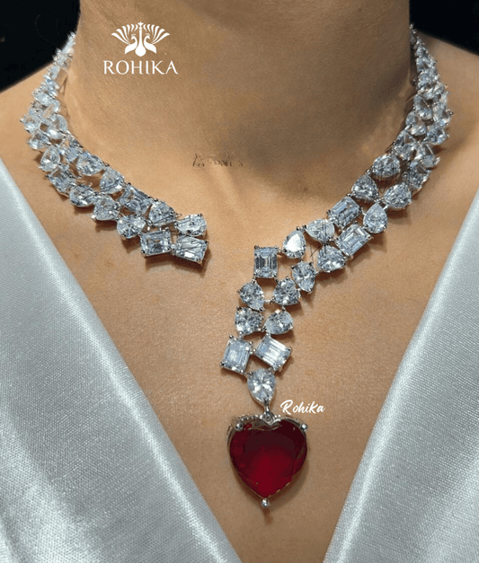 Daisy american diamond necklace set - Red - Rohika Store