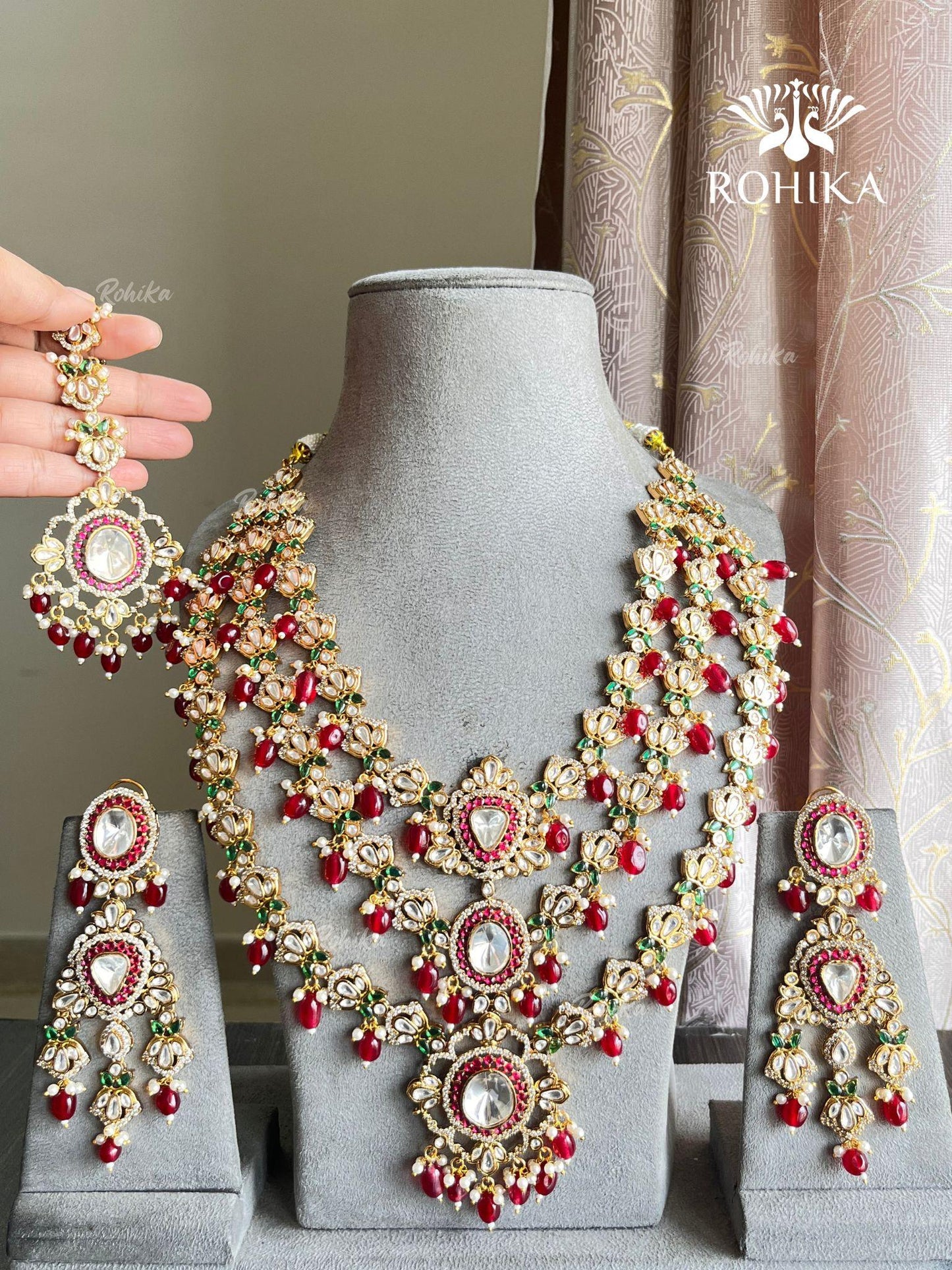 Pranali polki kundan long necklace set - Red
