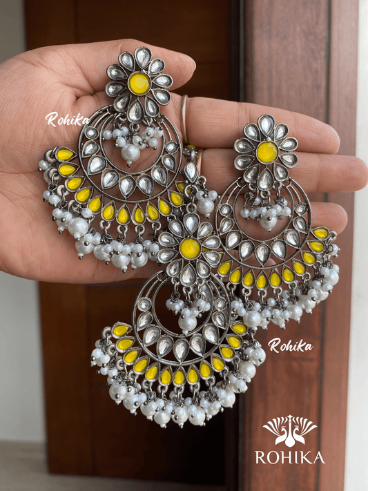 Shanti earrings and tikka combo - Yellow - Rohika Store