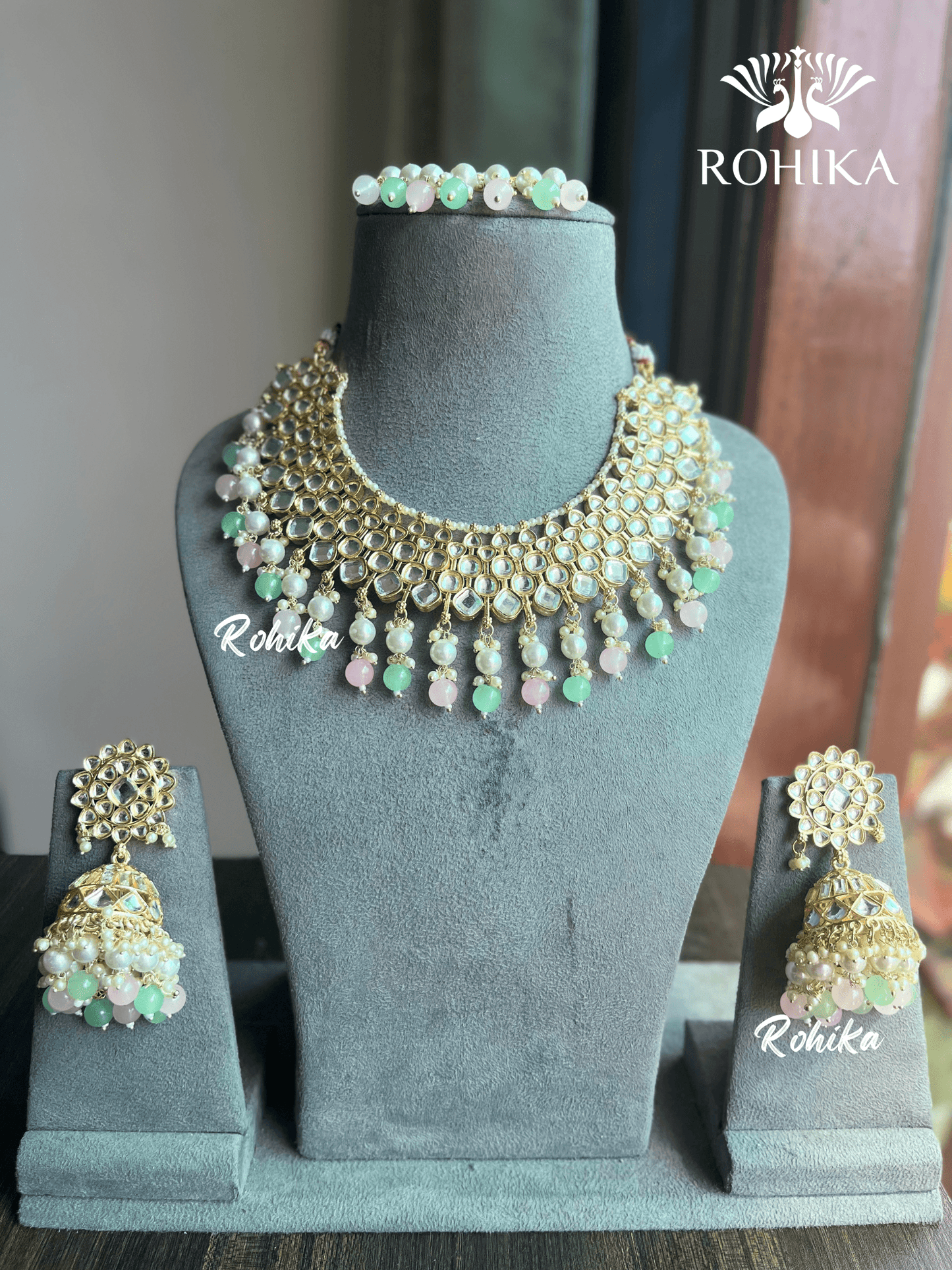 Payal dabi Kundan necklace set - Mint and Pink (Multi) - Rohika Store