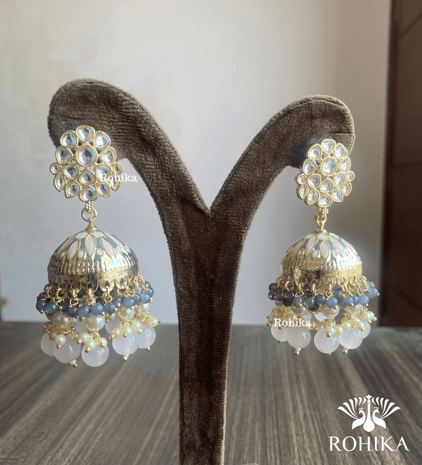 Rashmita jhumka earrings - Light pink and Grey - Rohika Store