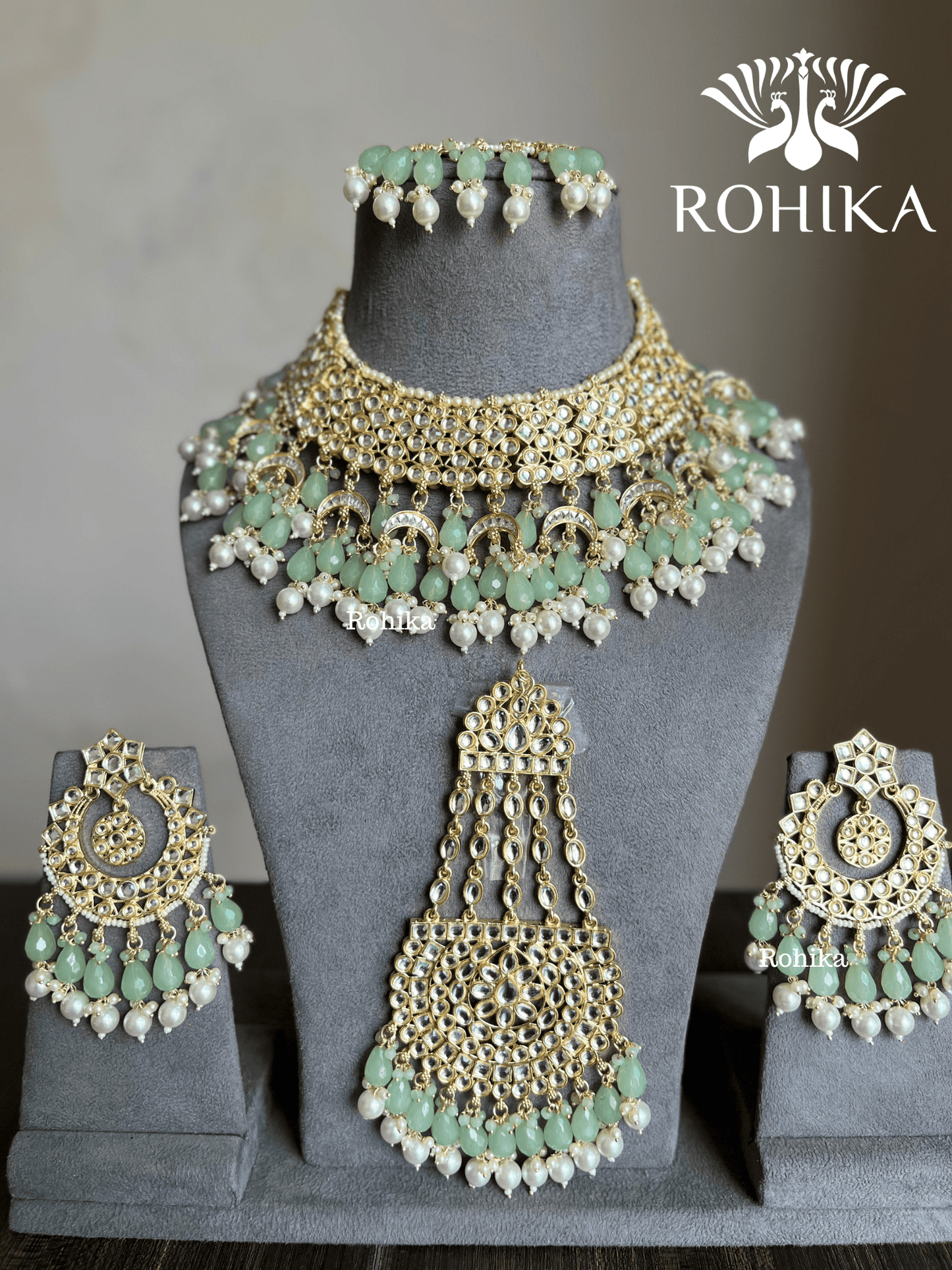 Shaheen Dabi Kundan bridal necklace set - Mint Green - Rohika Store