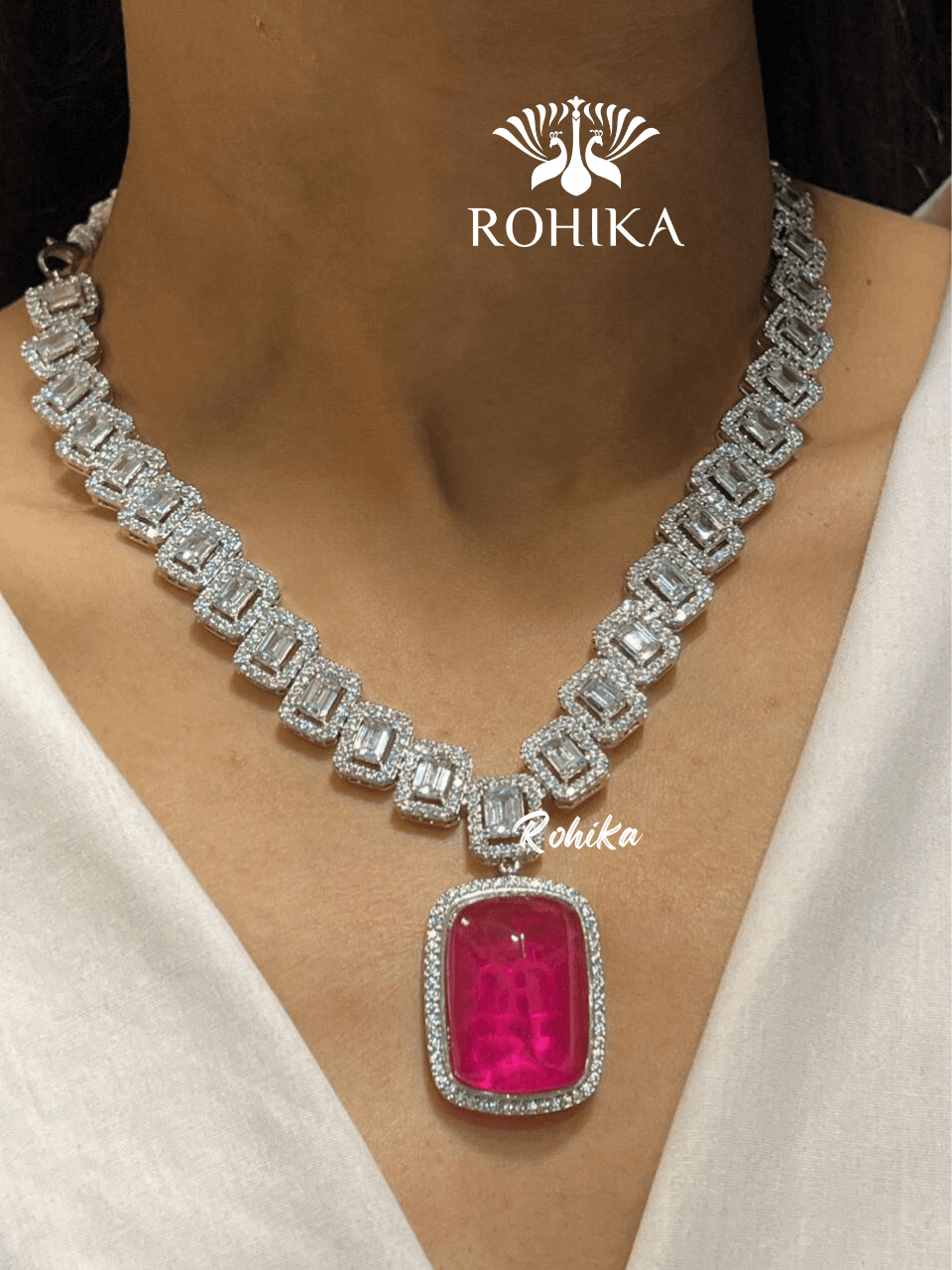 Olive american diamond necklace set - Pink - Rohika Store