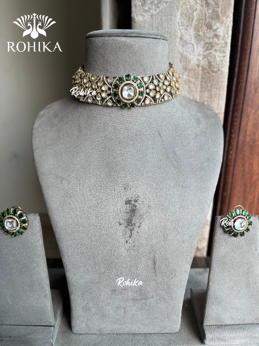 Divita Moisanite Kundan Choker Set - Green - Rohika Store