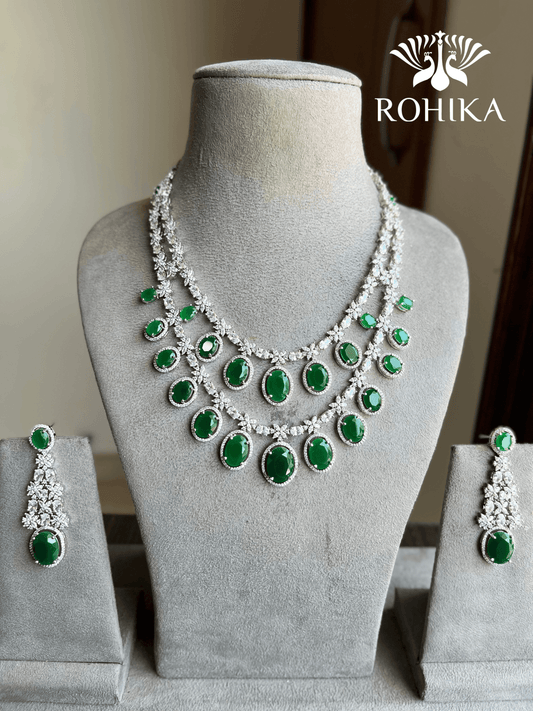 Nysa American diamond necklace set - Dark green - Rohika Store