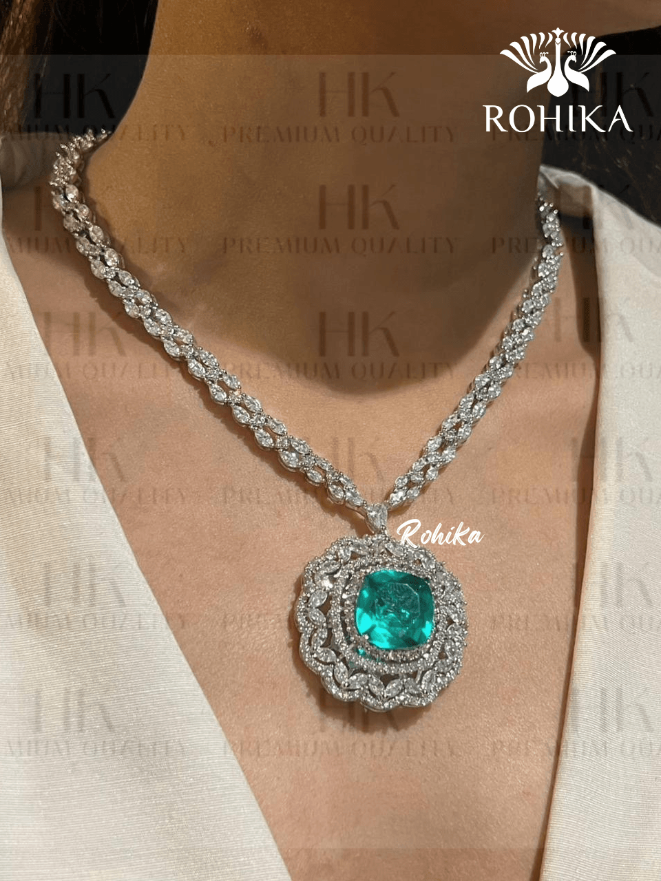 Sofiya american diamond necklace set - Mint Green - Rohika Store