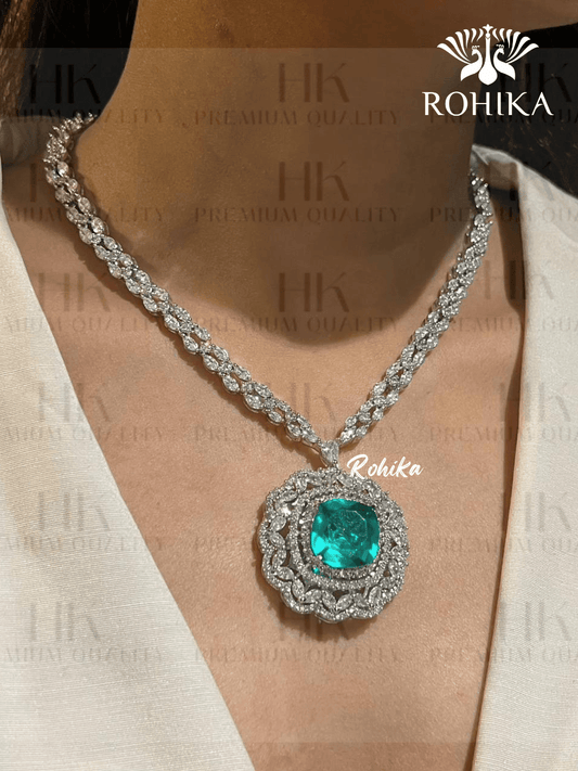 Sofiya american diamond necklace set - Mint Green - Rohika Store
