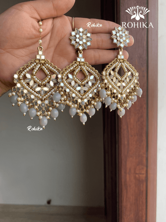 Priyam mirror earrings tikka combo - Grey - Rohika Store