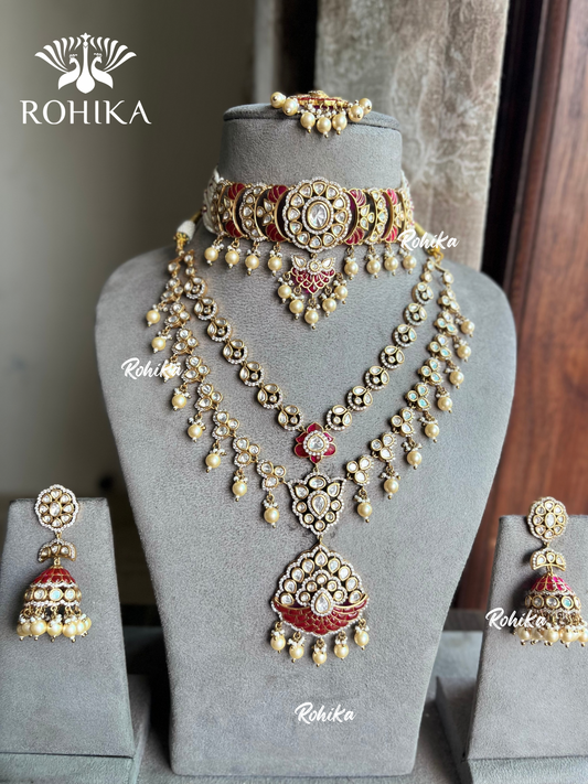 Akashi moisanite jadau kundan combo set -  Ruby red
