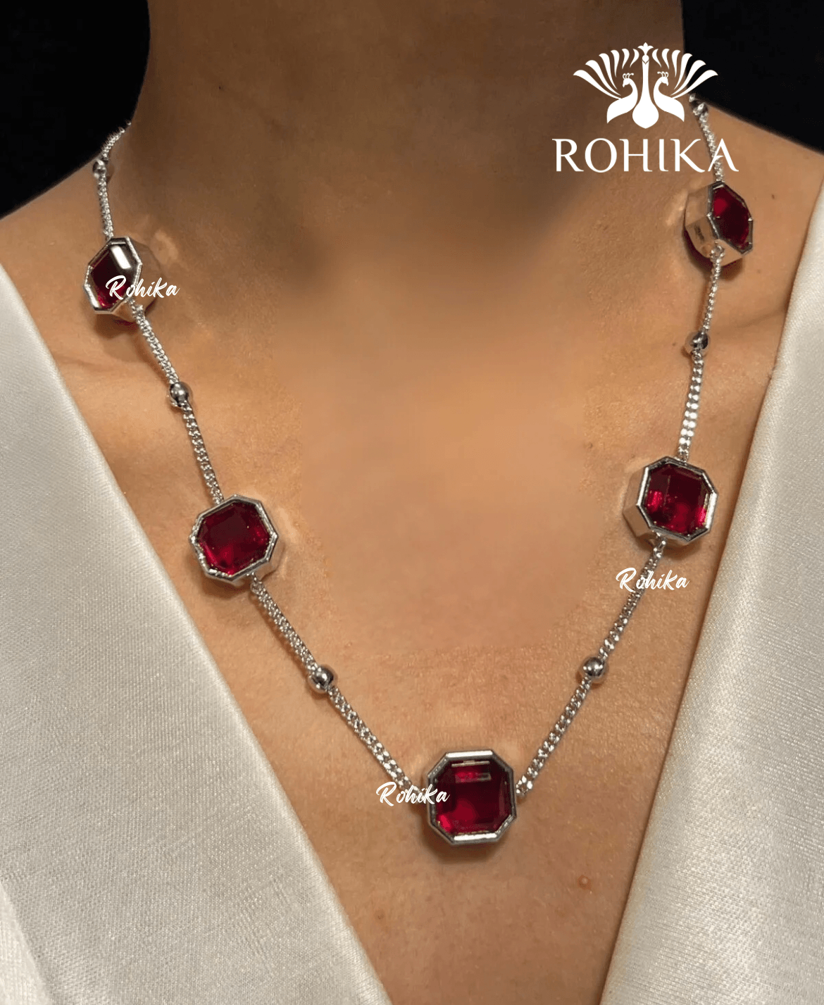 Vera american diamond necklace set - Red - Rohika Store