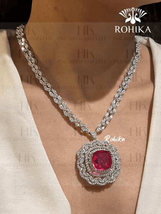 Sofiya american diamond necklace set - Red - Rohika Store