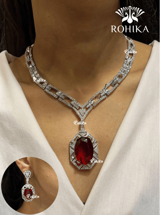American diamond necklace set (ADN -009) - Red - Rohika Store