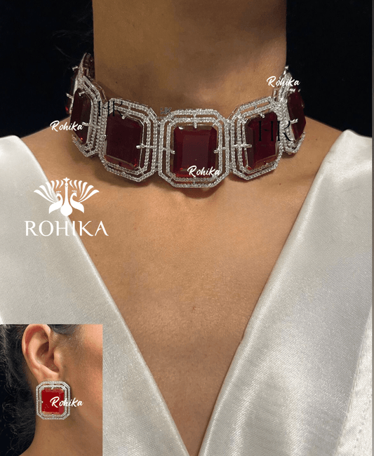 Mila american diamond choker set - Red - Rohika Store