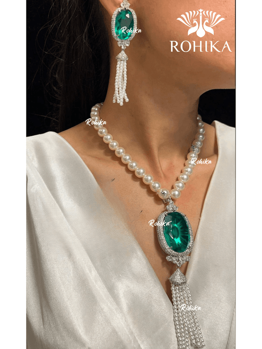 American diamond necklace set (ADN -012) - Green - Rohika Store