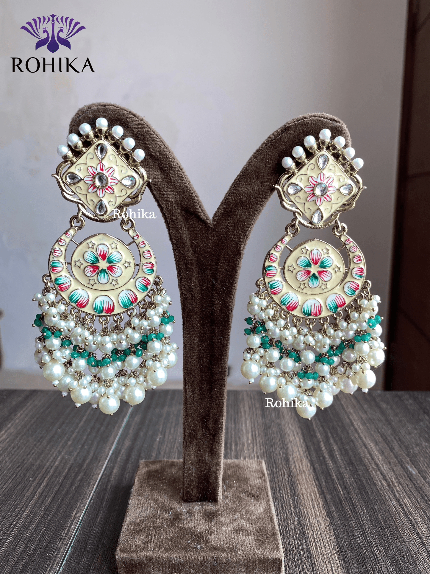 Rashmi meenakari earrings - White - Rohika Store