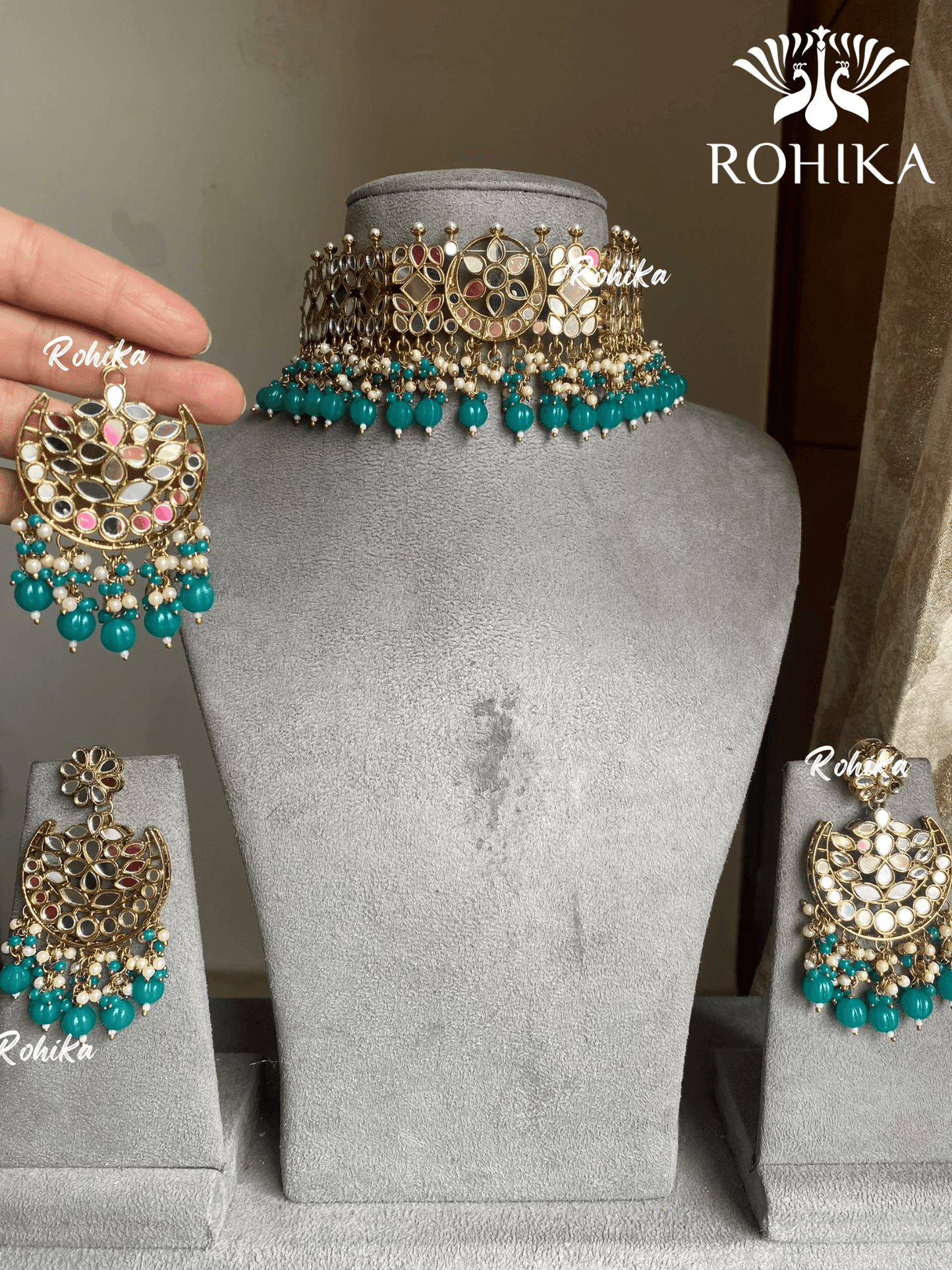 Seeram mirror choker set - Rama green - Rohika Store