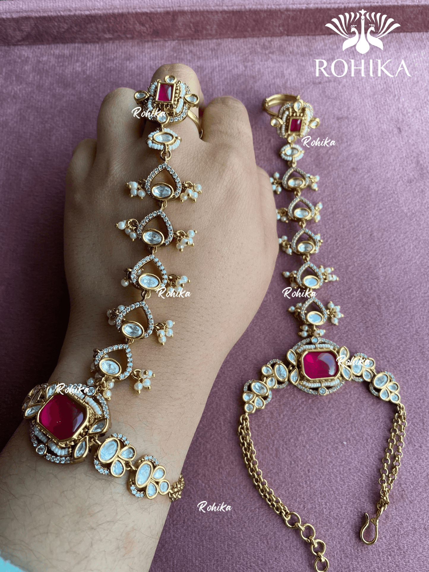 Polki kundan haathphool (MH006) - Ruby red - Rohika Store