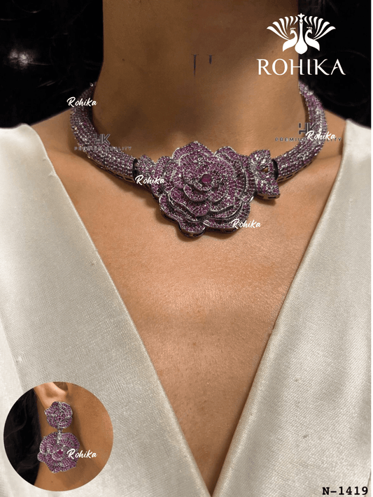 American diamond necklace set (ADN -013) - Pink - Rohika Store