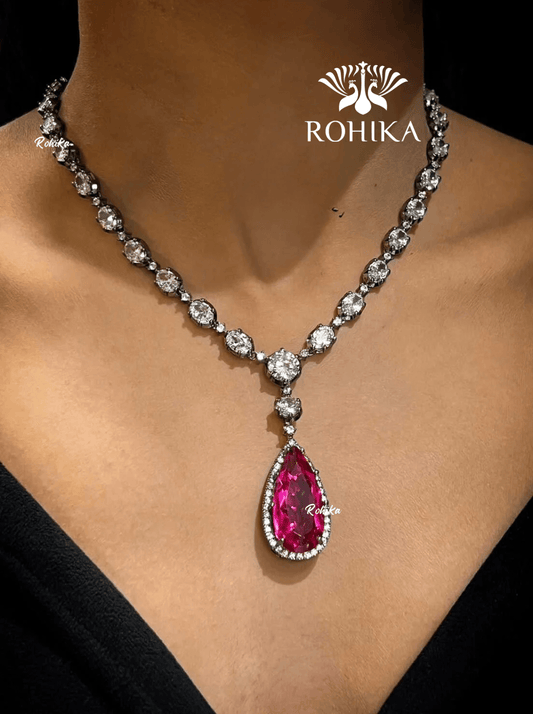 Emily american diamond necklace set - Dark pink - Rohika Store