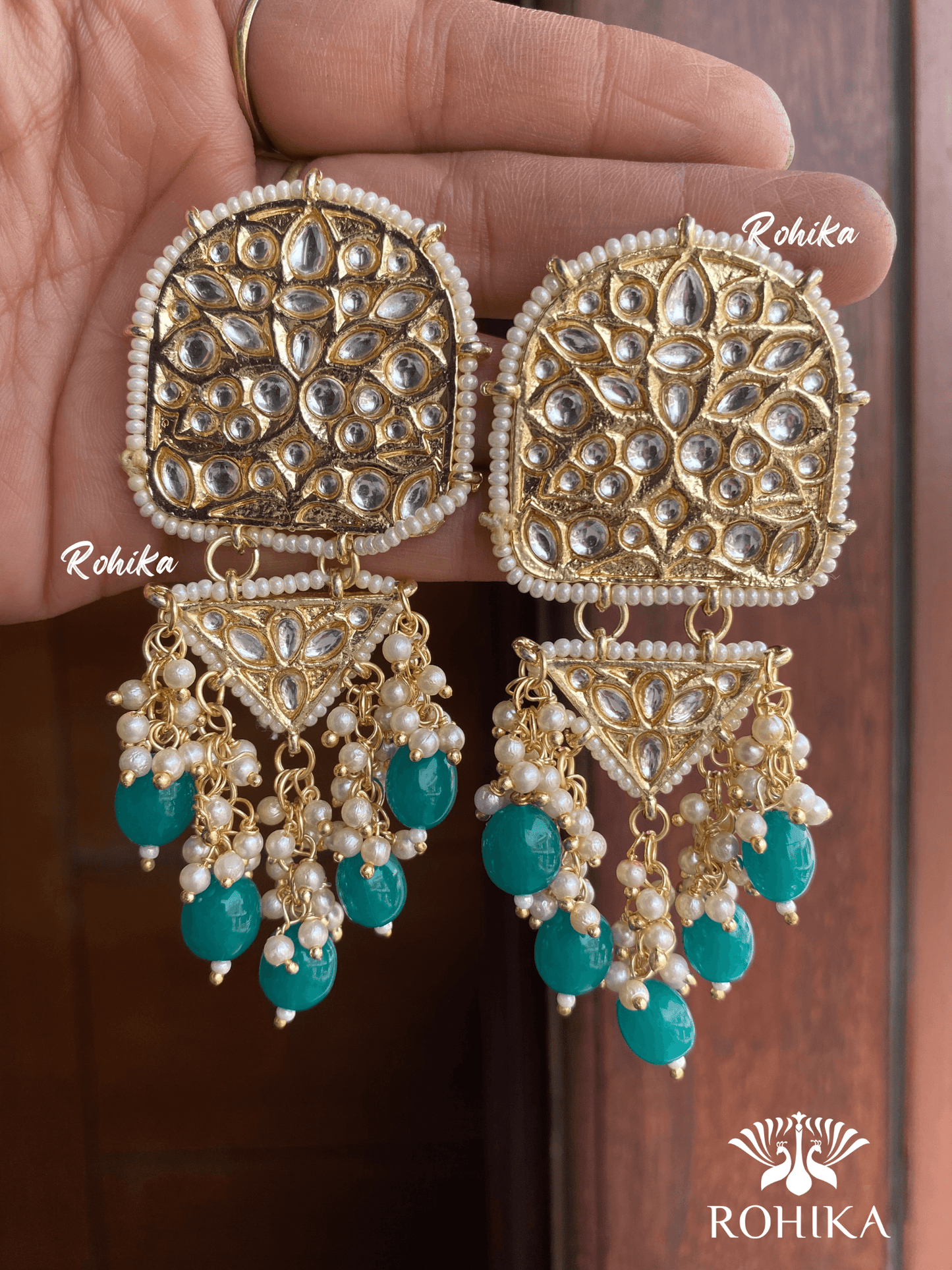 Rosy kundan earrings -Dark green - Rohika Store