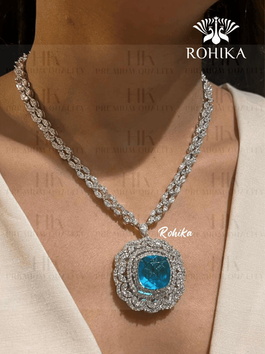 Sofiya american diamond necklace set - Blue - Rohika Store