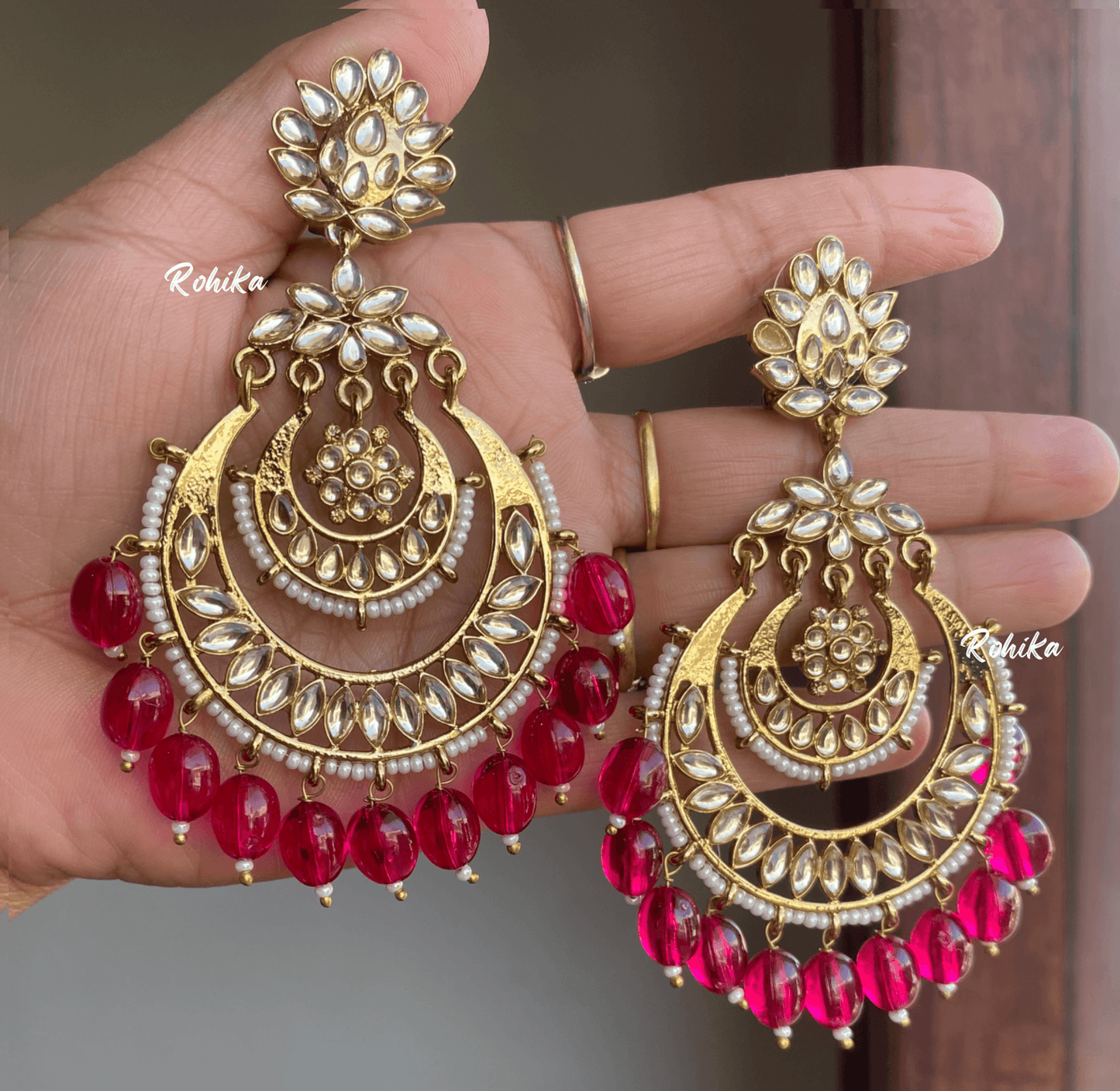 Damini kundan earrings - Red - Rohika Store