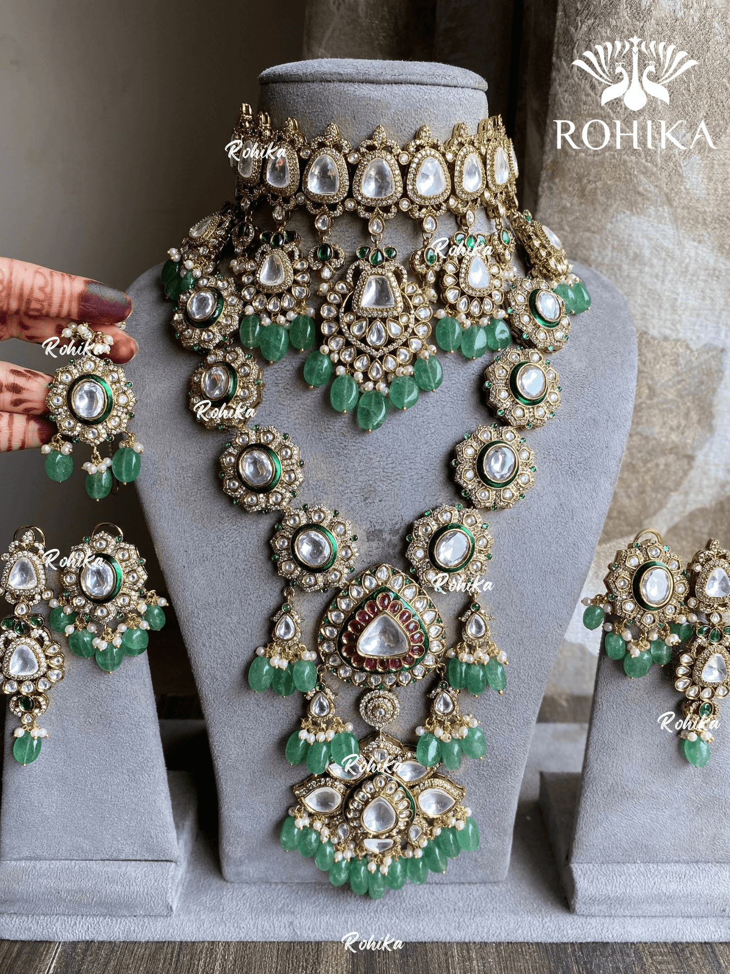 Atithi polki kundan combo set - Dark green - Rohika Store