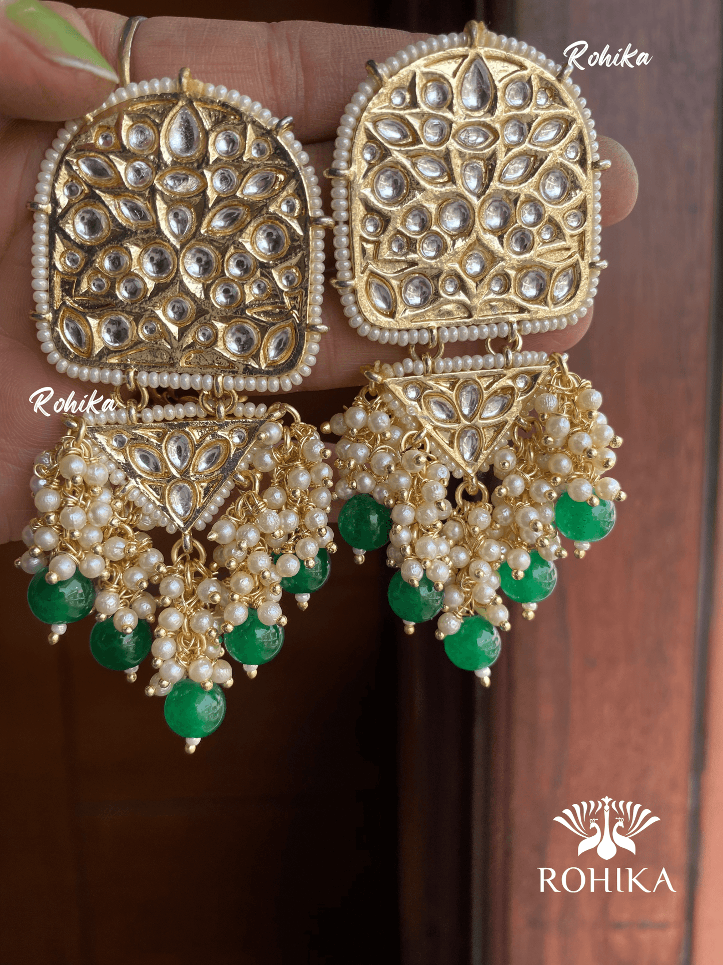 Rosy kundan earrings -Green - Rohika Store