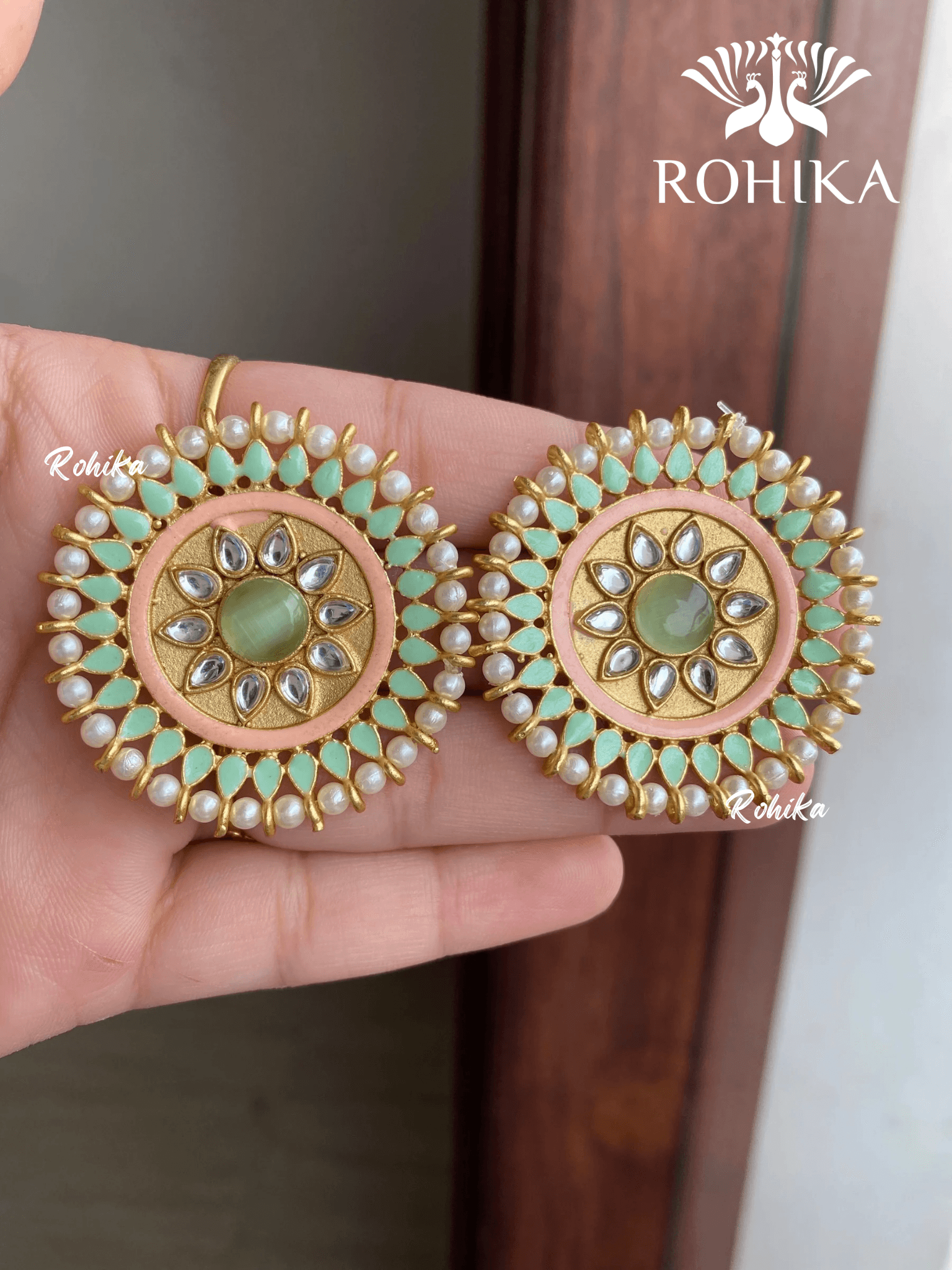 Zooni kundan studs - Peach and mint green - Rohika Store