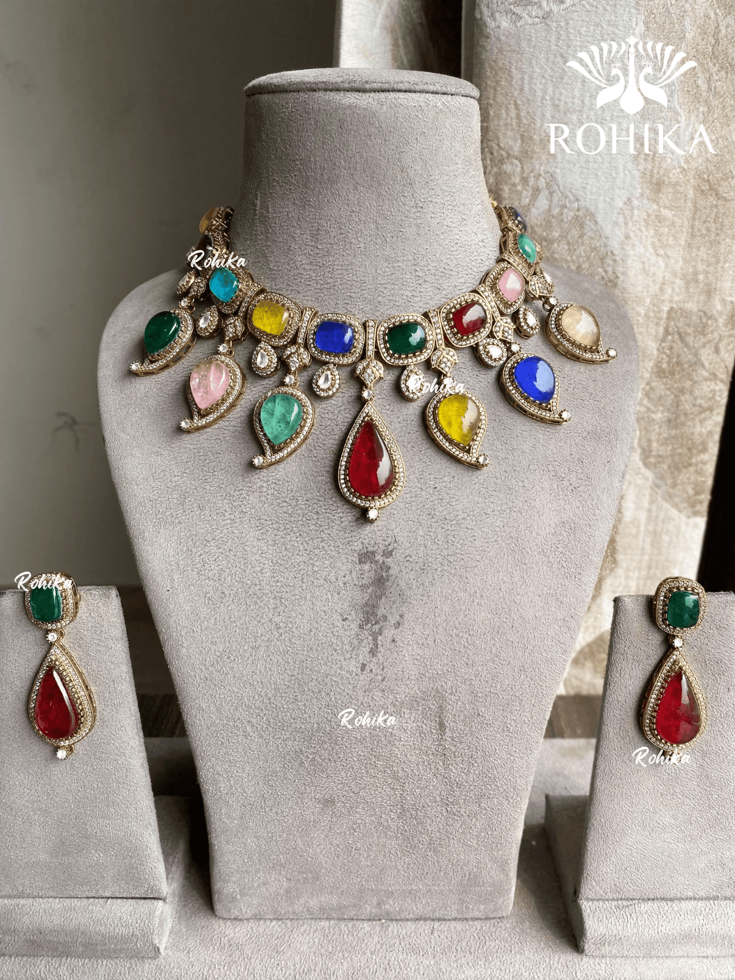 Emanshi doublets necklace set - Multi colour/Navratna - Rohika Store